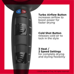 REVLON Turbo Hair Dryer turbo airflow button speeds up daily drying.
