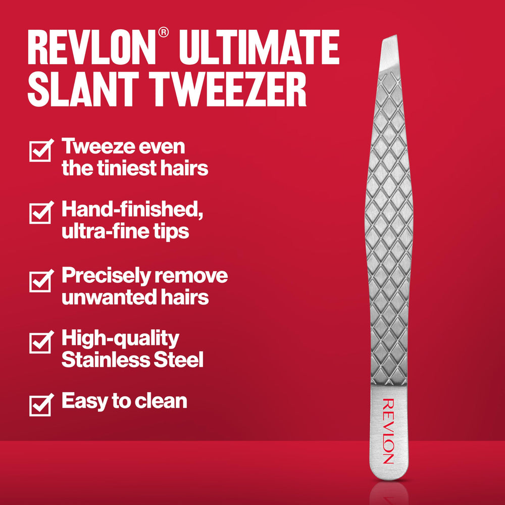 REVLON Ultimate Slant Tweezer stainless steel construction for durable use and easy cleaning.