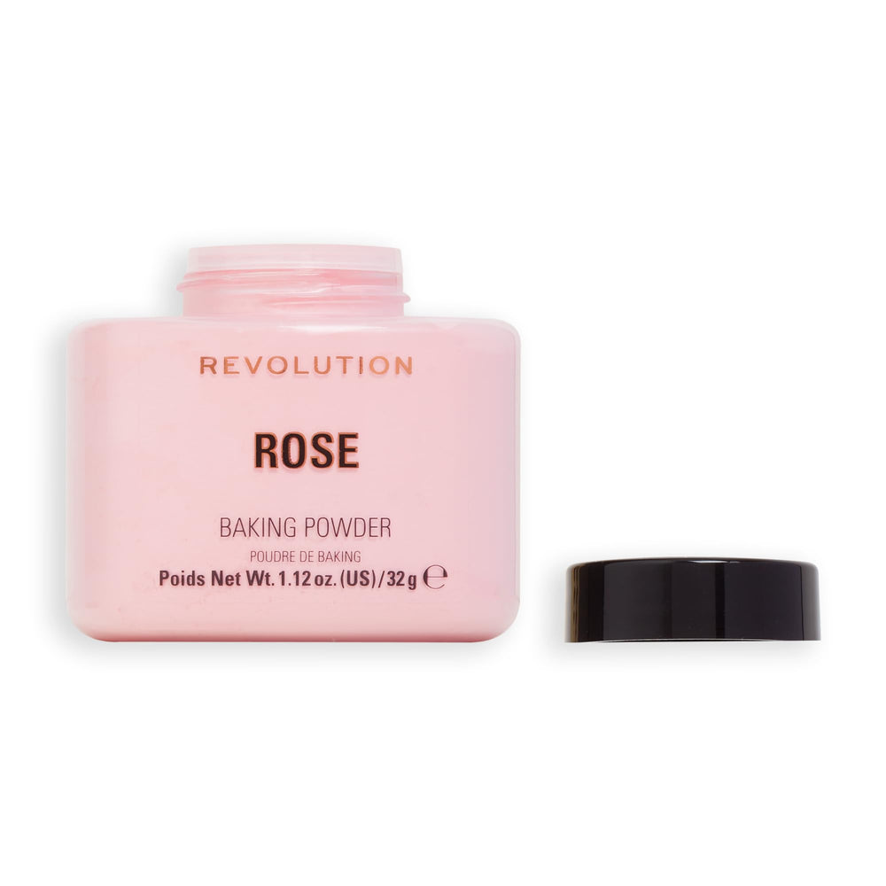Revolution Beauty London Rose Loose Powder texture close-up emphasizing ultra-fine formula