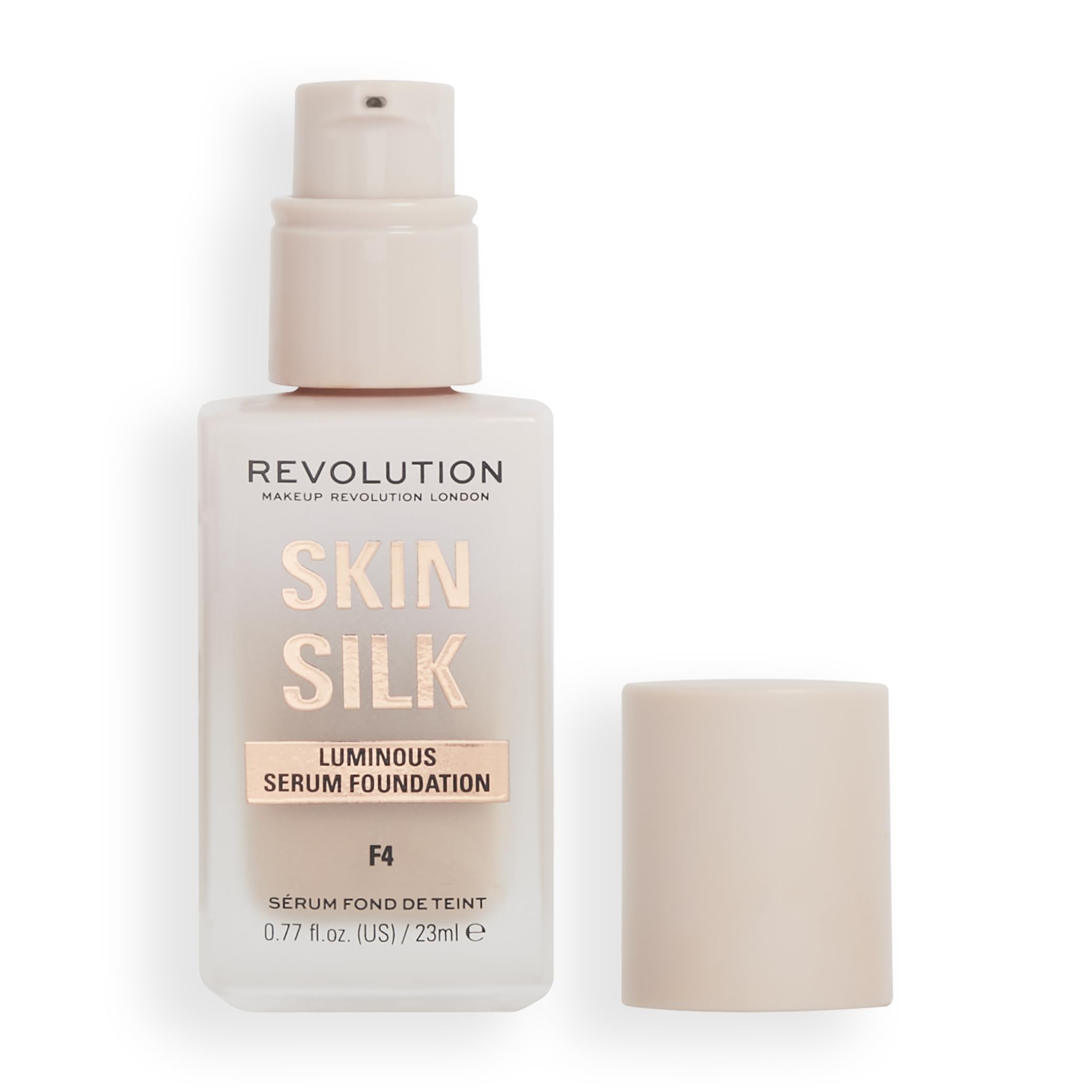 Skin Silk Serum Foundation de Revolution London en botella, acabado satinado natural.