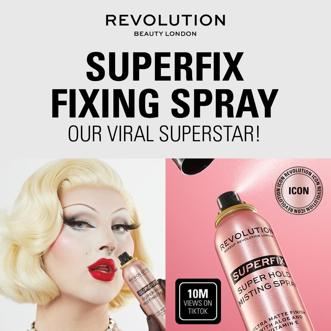 Revolution Beauty London Superfix niebla fijadora, acabado mate ultrafino para control del brillo.