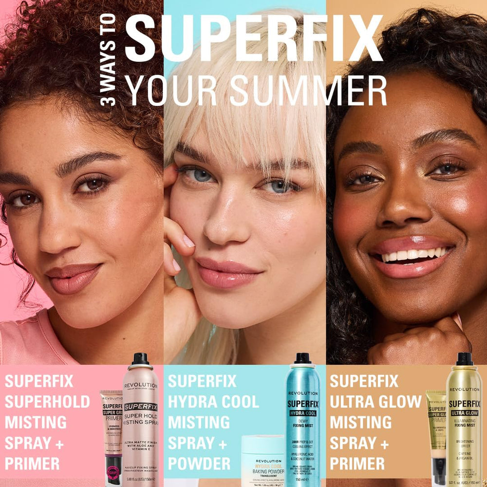 Revolution Beauty London Superfix niebla fijadora, envase vegano y libre de crueldad animal.