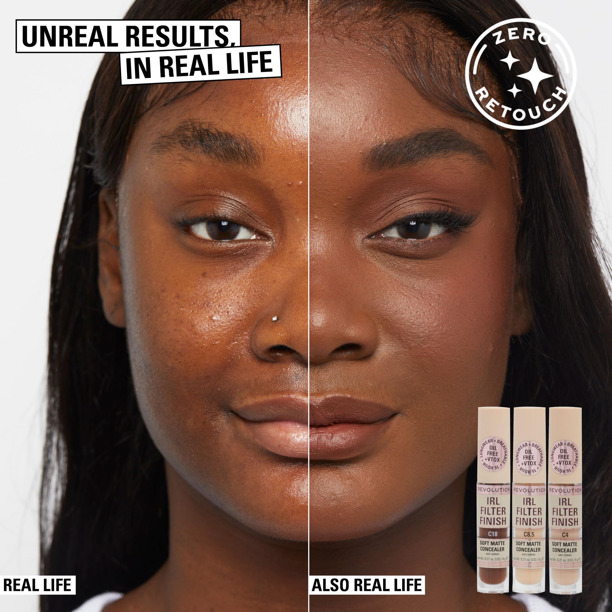 Revolution IRL Filter Finish Concealer covers blemishes for a smooth look.