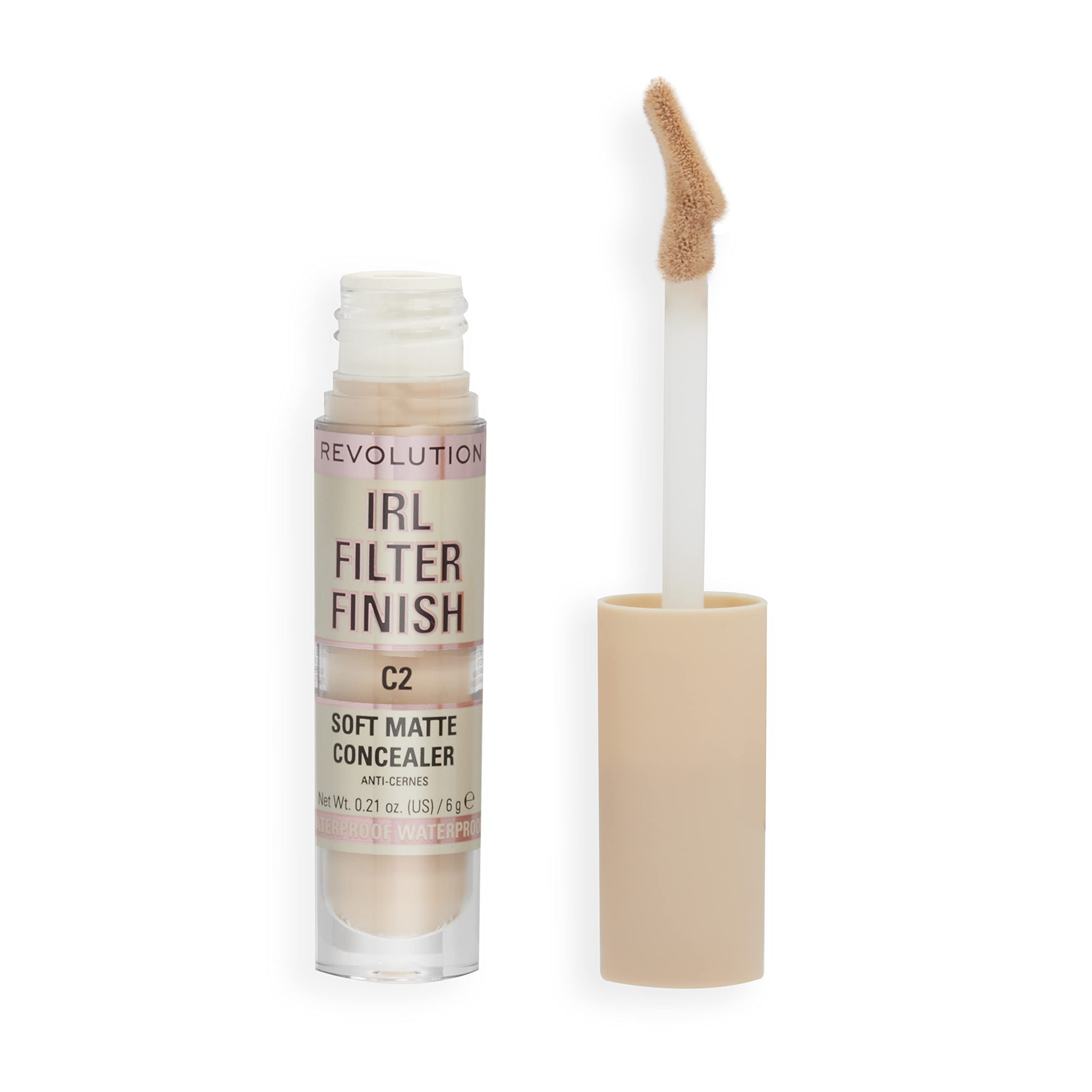 Revolution IRL Filter Finish Concealer packaging highlights vegan formula.