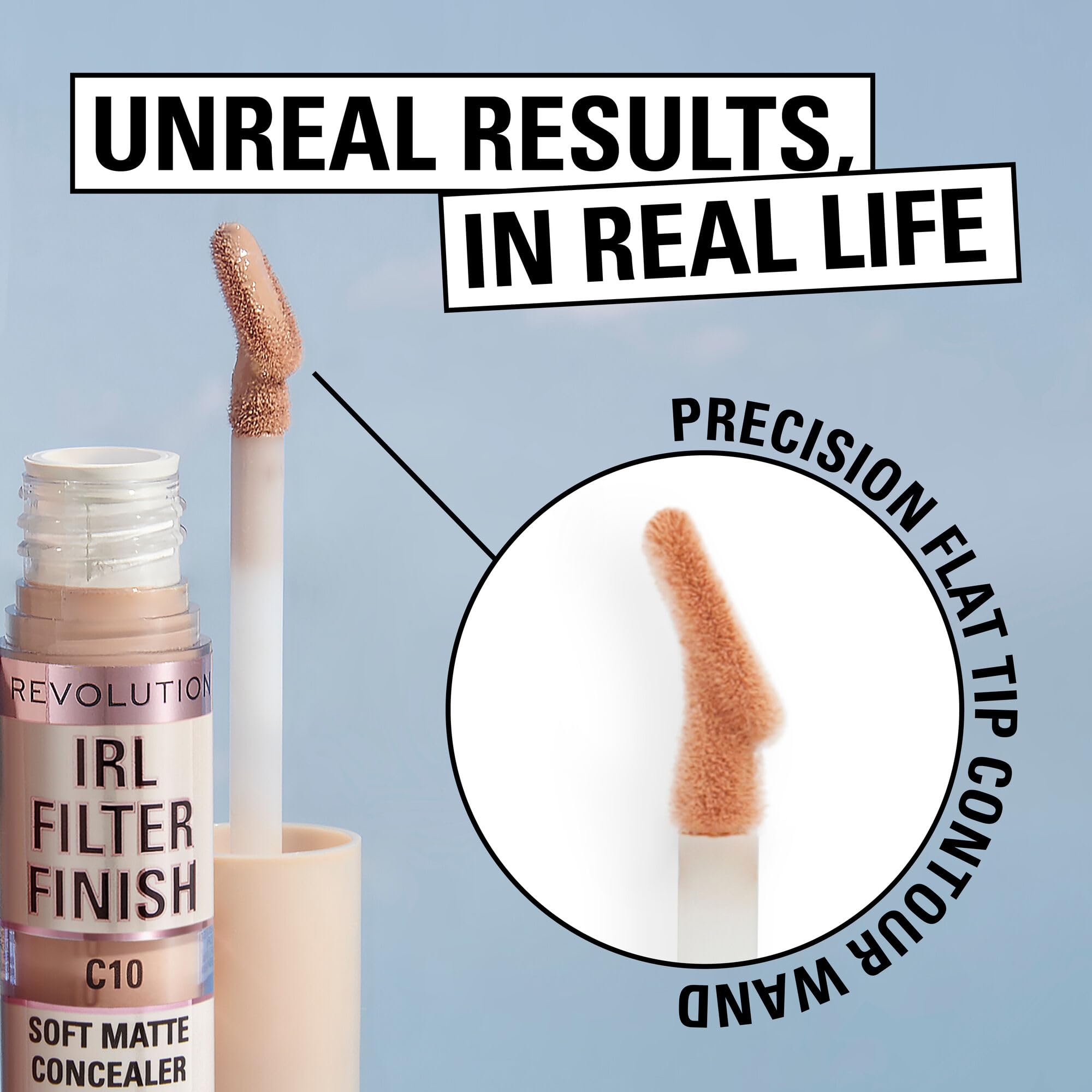 Revolution IRL Filter Finish Concealer delivers a soft matte finish for breathable wear.
