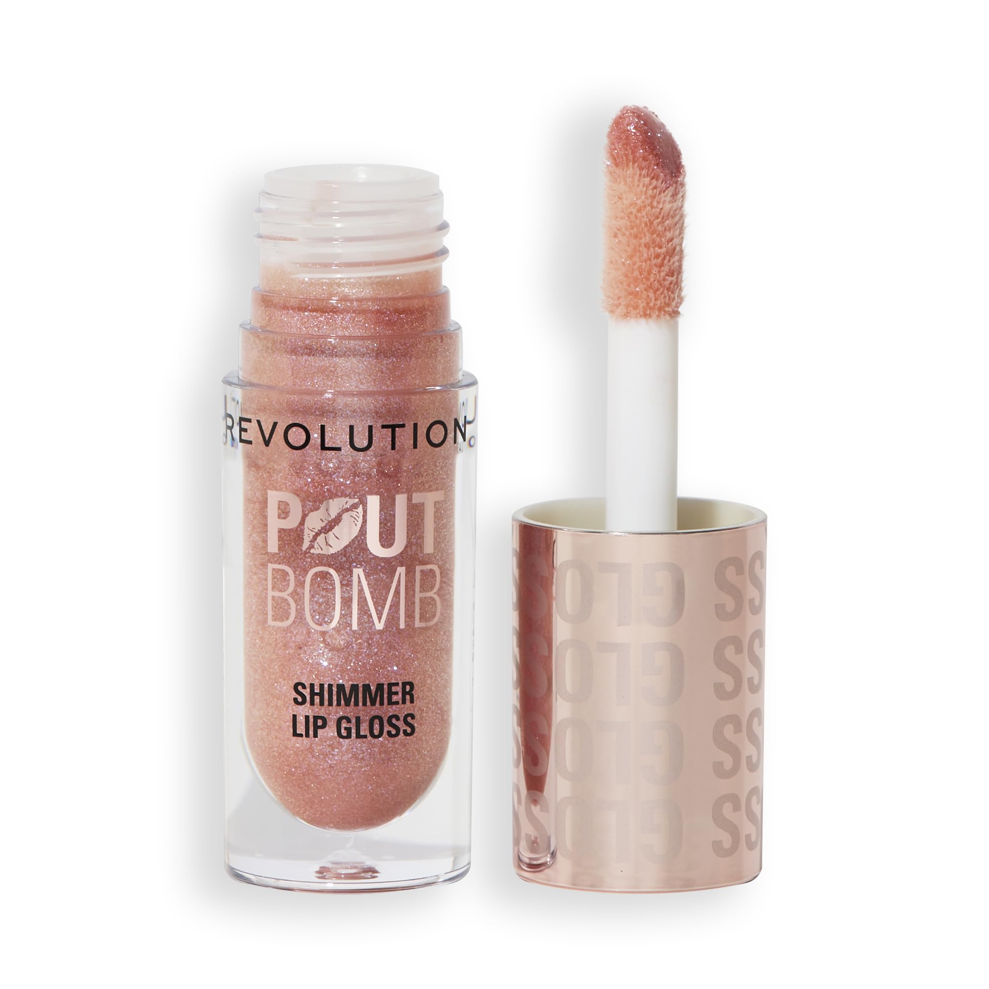 Revolution Pout Bomb Shimmer Glimmer Nude bottle highlights high-shine finish