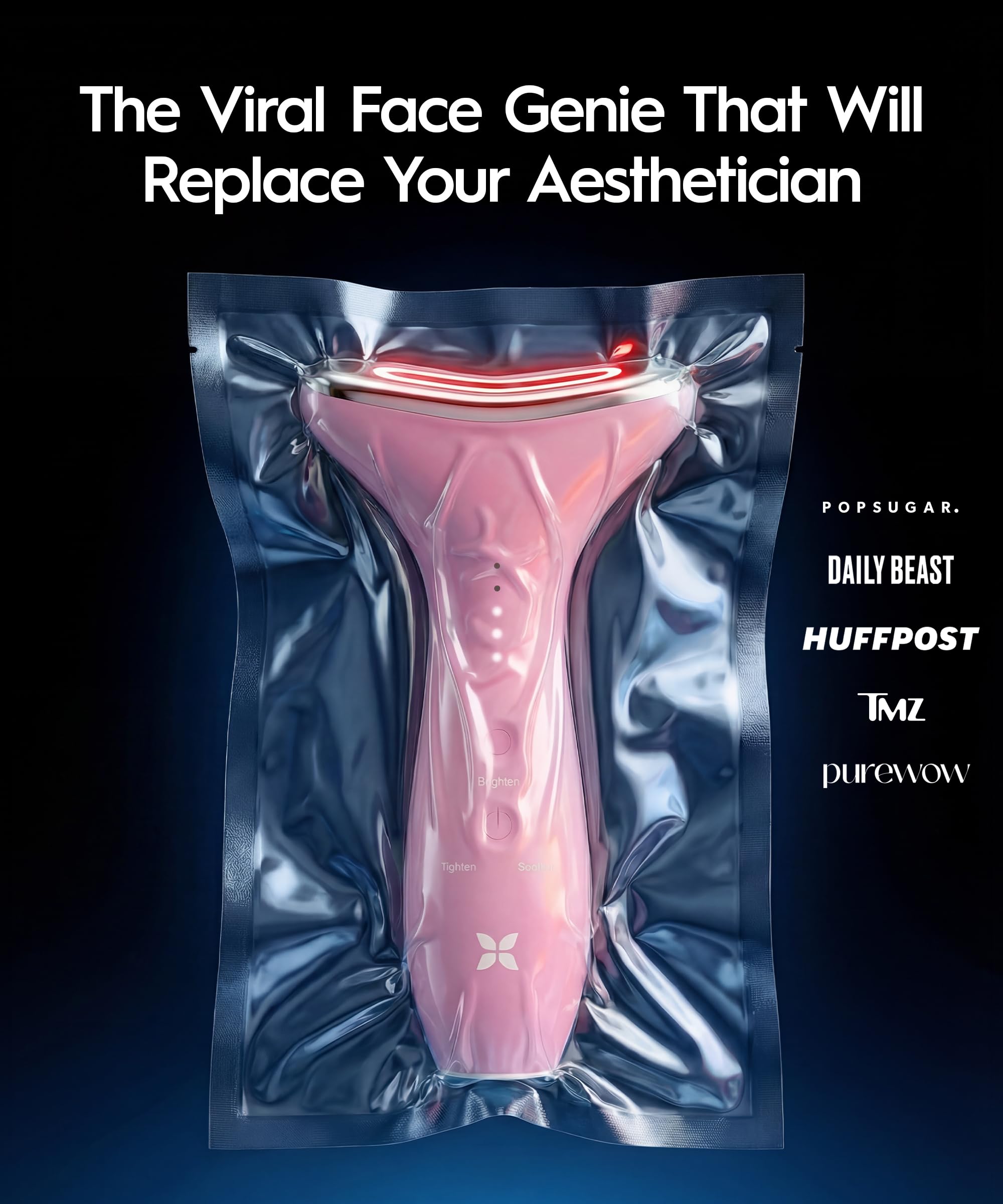 REVOMADIC REVO Genie with LED lights demonstrating red, green, blue therapy settings.