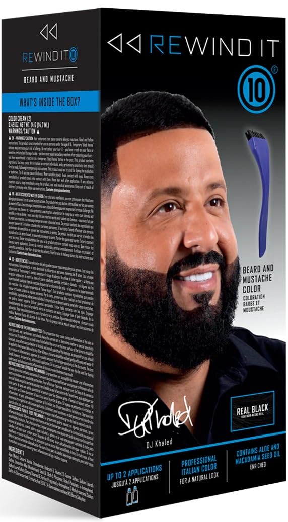 REWIND It 10 real black beard color kit showing rich coverage for facial hair