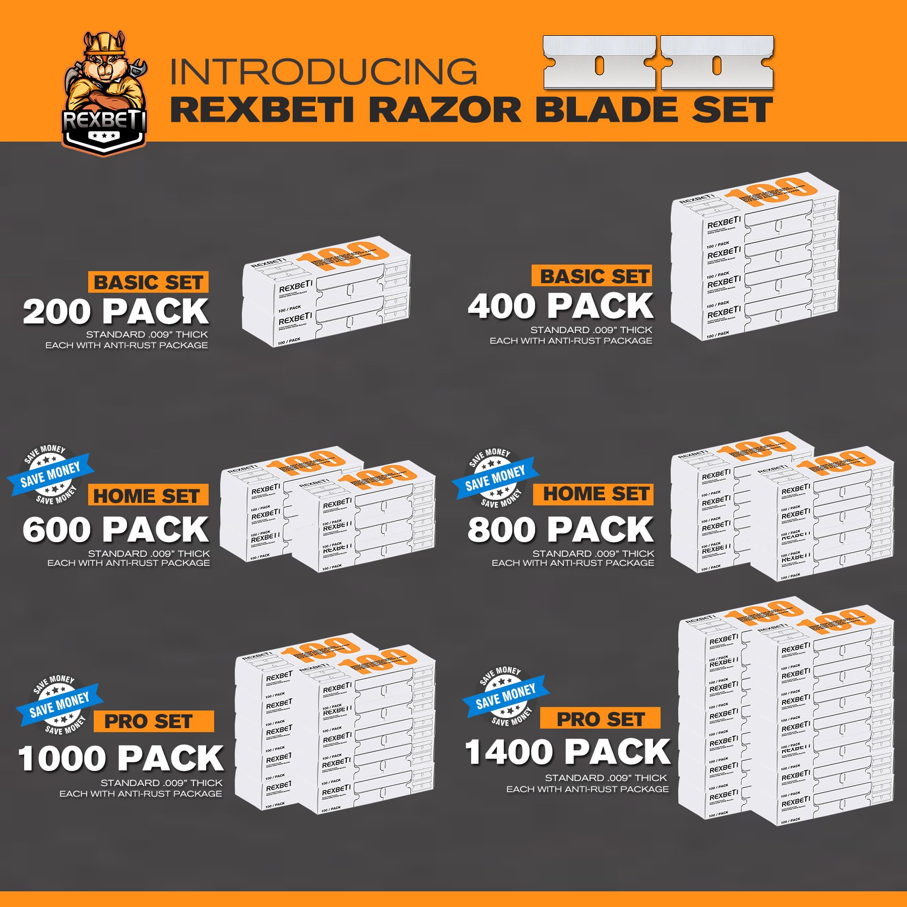 REXBETI anti-rust waxed paper wrapped blades protect during storage.