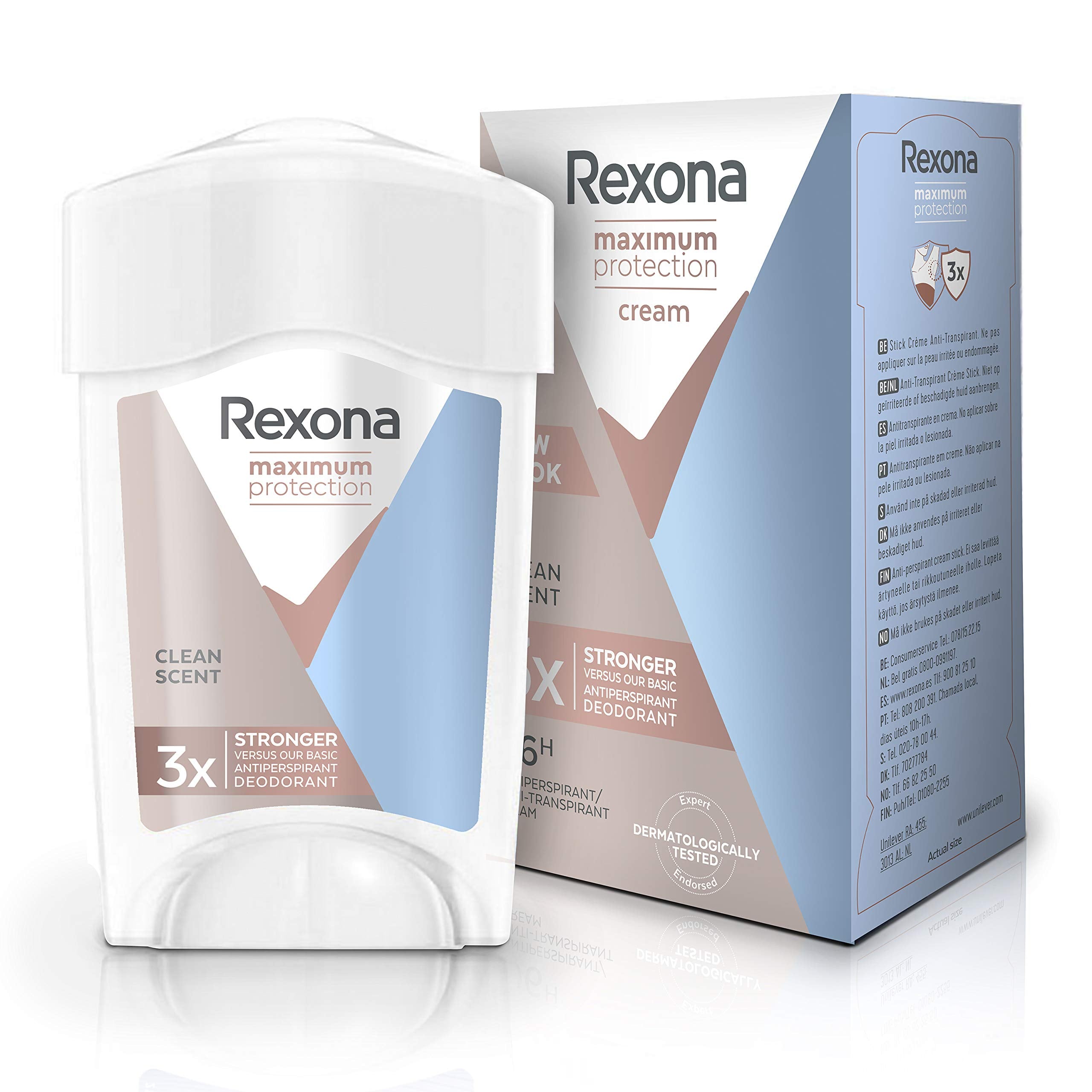 Rexona protección máxima crema-stick aroma limpio, protege contra sudor todo el día.