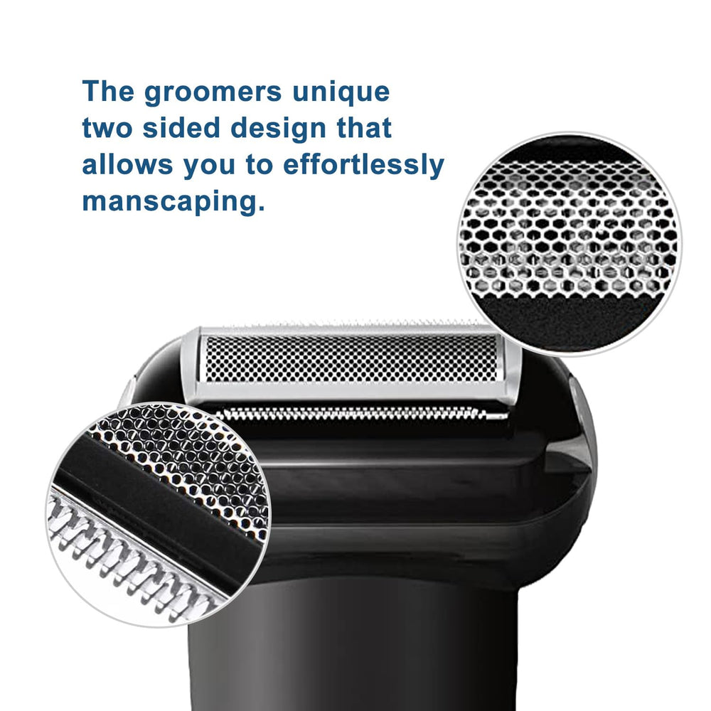 RF RollingFit bodygroom trimmer head close-up showing durable blades.