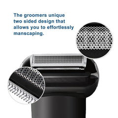 RF RollingFit bodygroom trimmer head close-up showing durable blades.