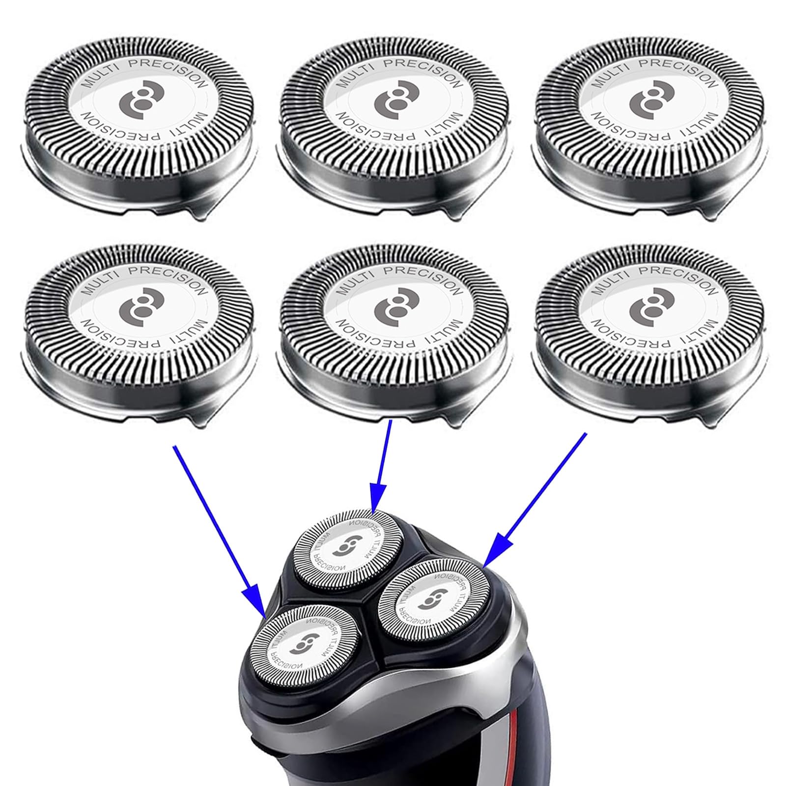 RF RollingFit HQ8 blades six-pack packaging, a budget-friendly replacement for Philips Aquatec shavers.
