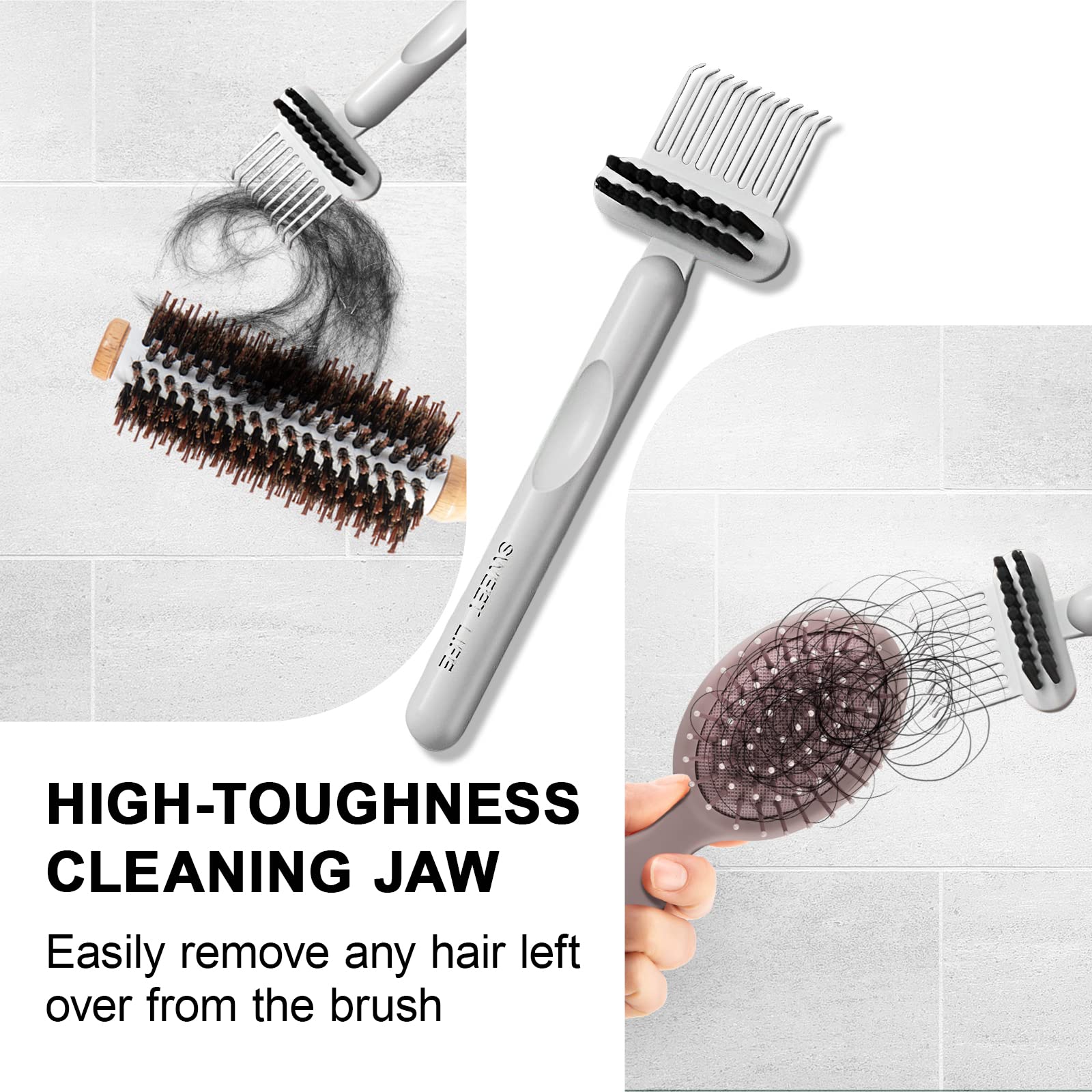 RHOS 2-in-1 cleaner close-up of durable claws removing hair from brushes.