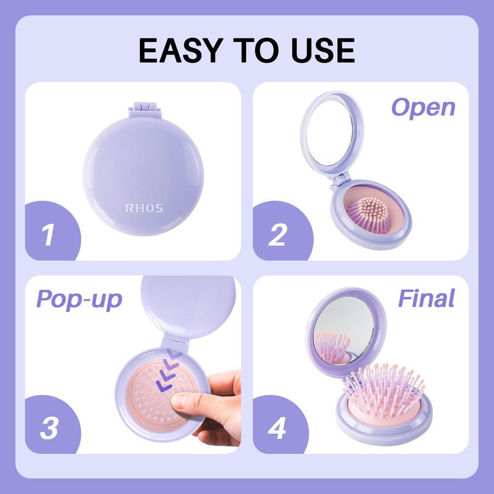 Compact purple RHOS brush fits purses and travel bags