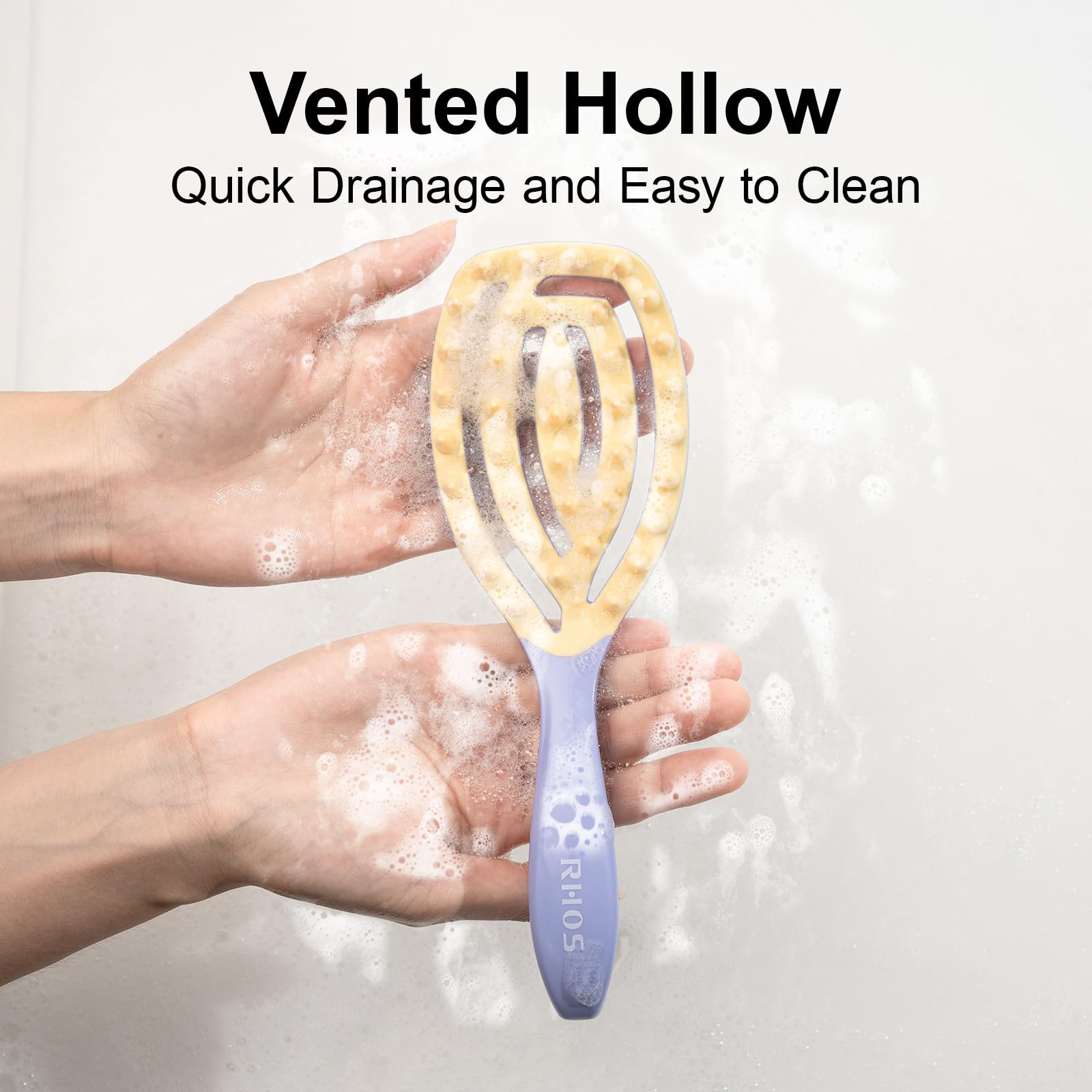 RHOS curved vented shampoo brush showing curved design for thorough cleansing