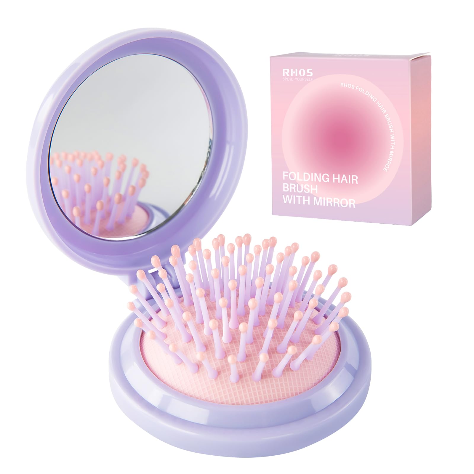 RHOS folding hair brush with mirror in purple for travel touch-ups