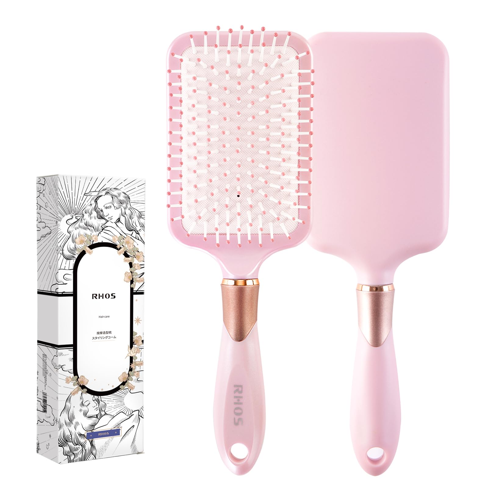 RHOS Paddle Brush with pink handle gently detangles knots without pulling.