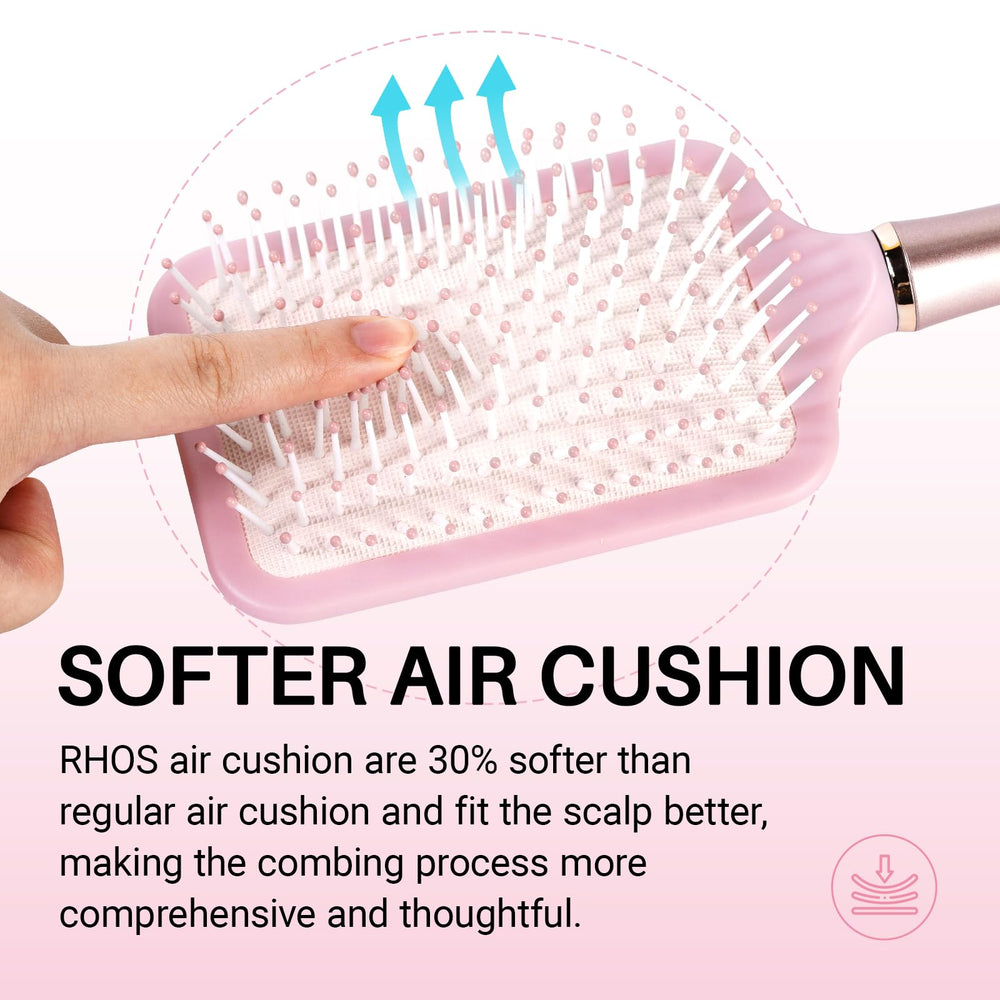 RHOS paddle brush square cushion design cushions scalp while brushing.