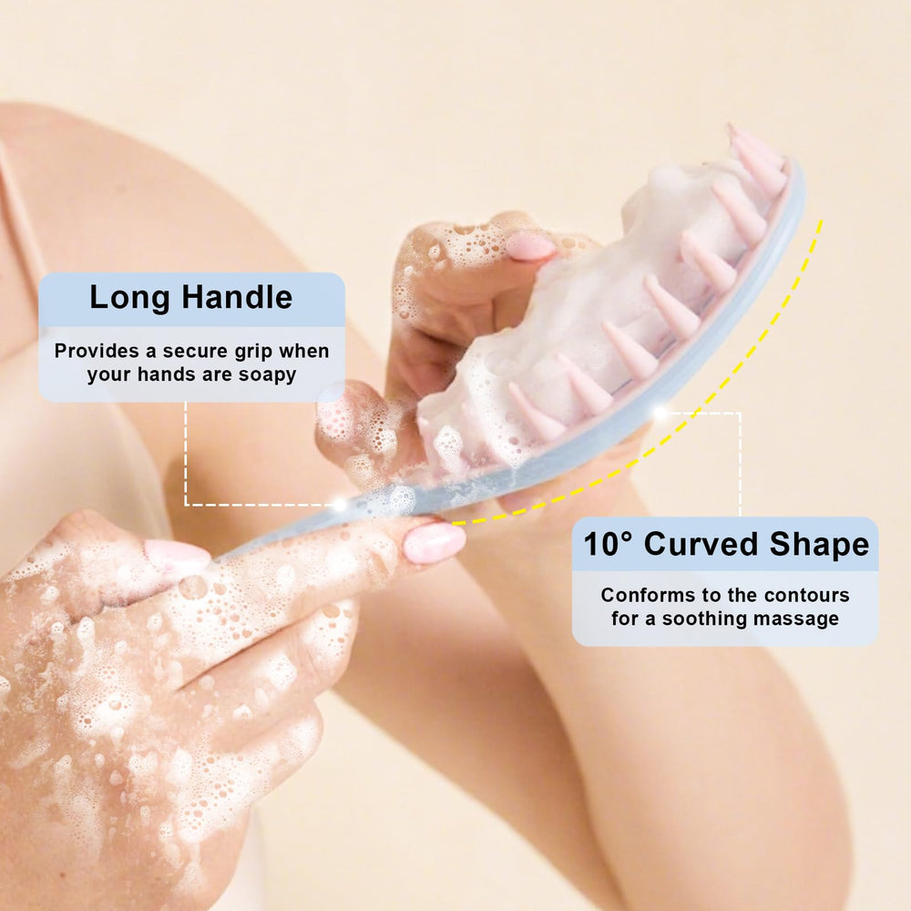 RHOS blue shampoo brush with long handle for easy grip