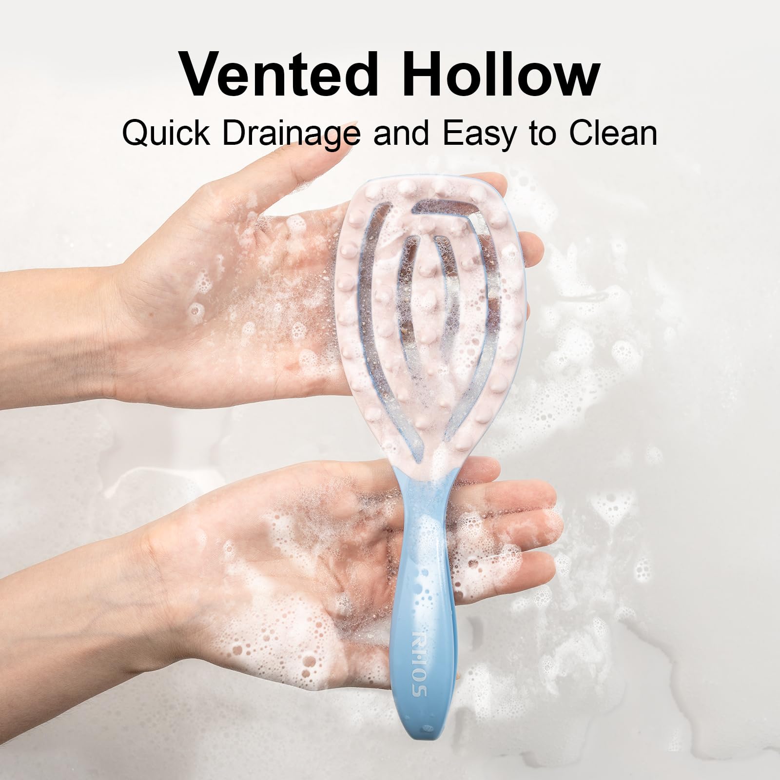 RHOS blue shampoo brush with soft TPR bristles for comfortable wash