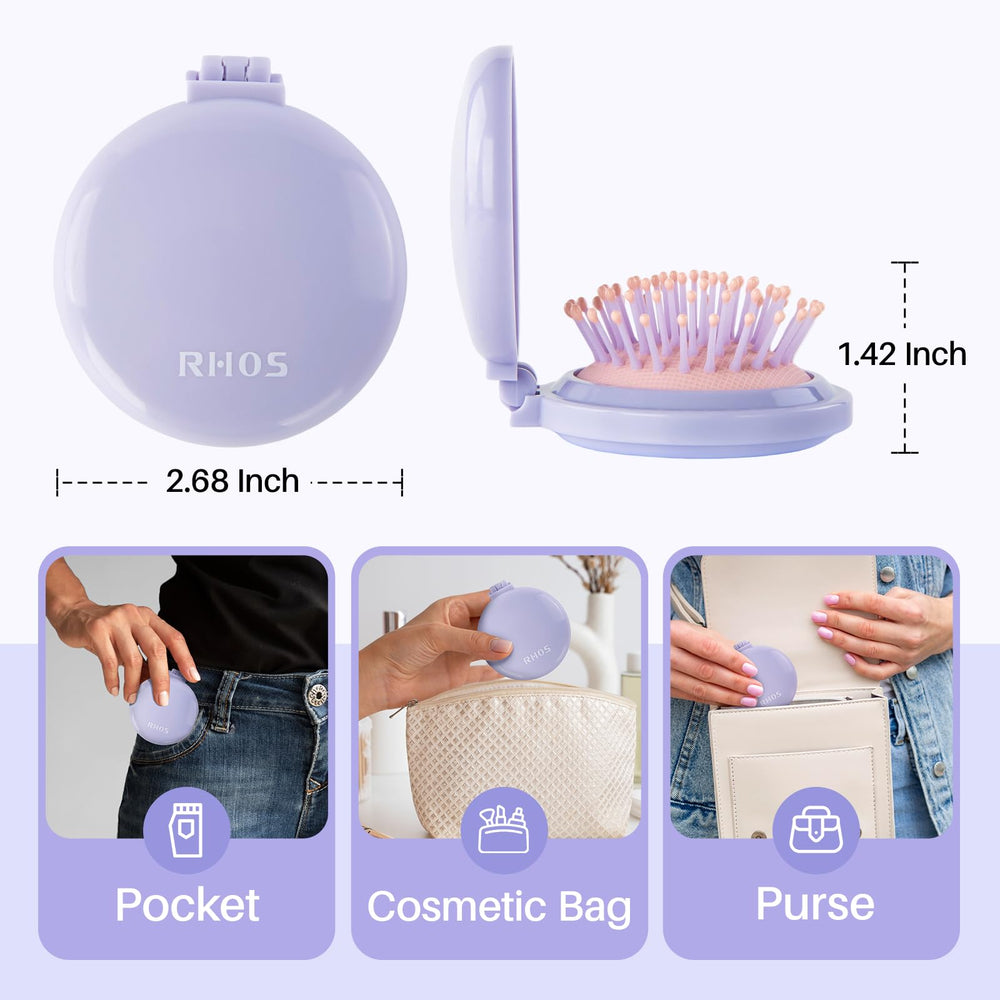RHOS folding brush with built-in mirror for quick appearance checks