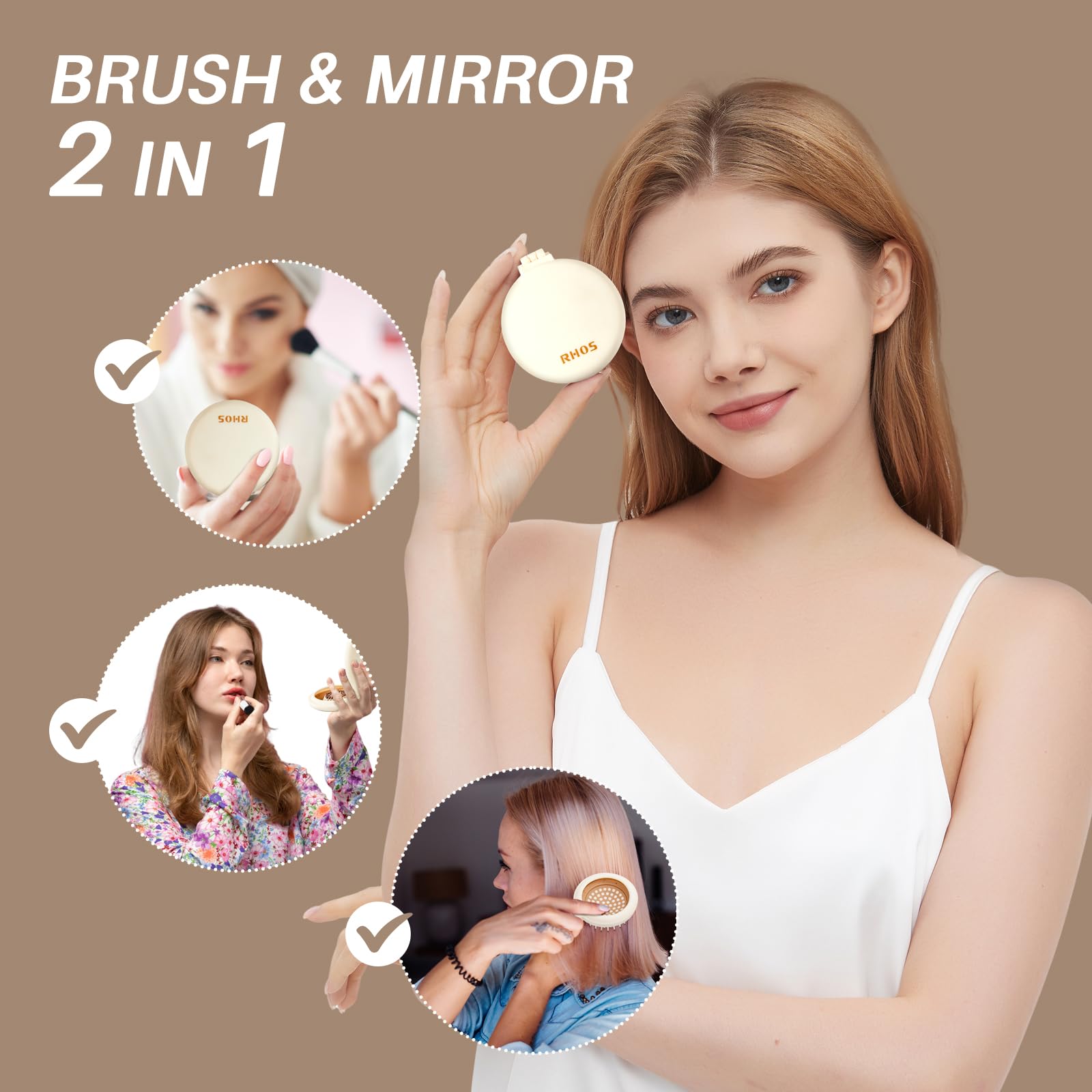 RHOS travel-friendly pocket-size hair brush in beige for bags and commutes.