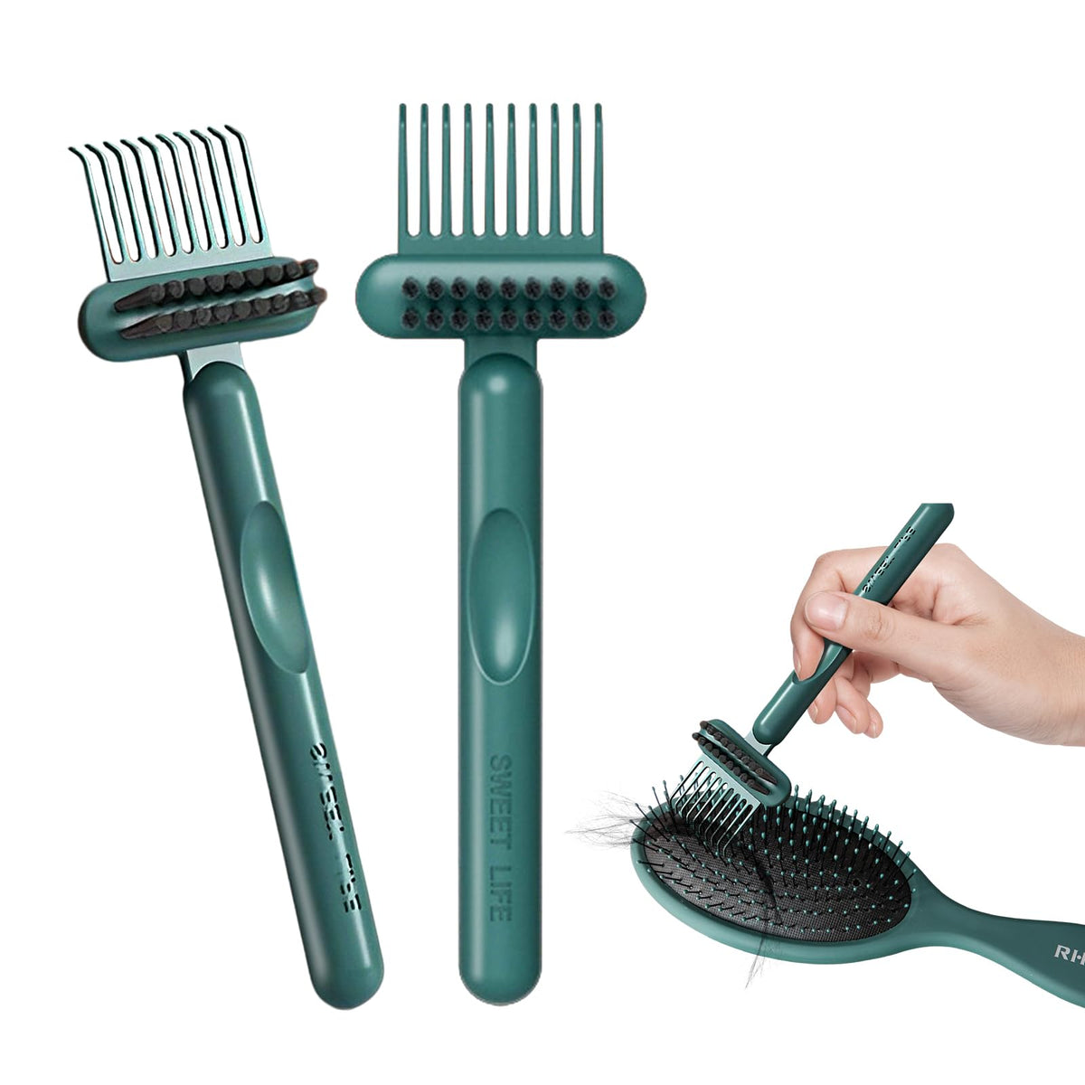 RHOS two-in-one hairbrush cleaner in use to remove hair from bristles.