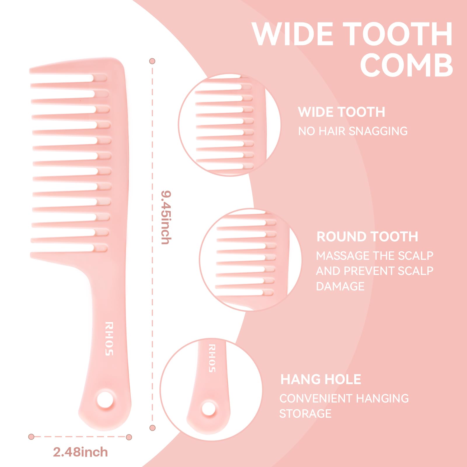 RHOS wide-tooth comb pink with ergonomic grip for daily detangling