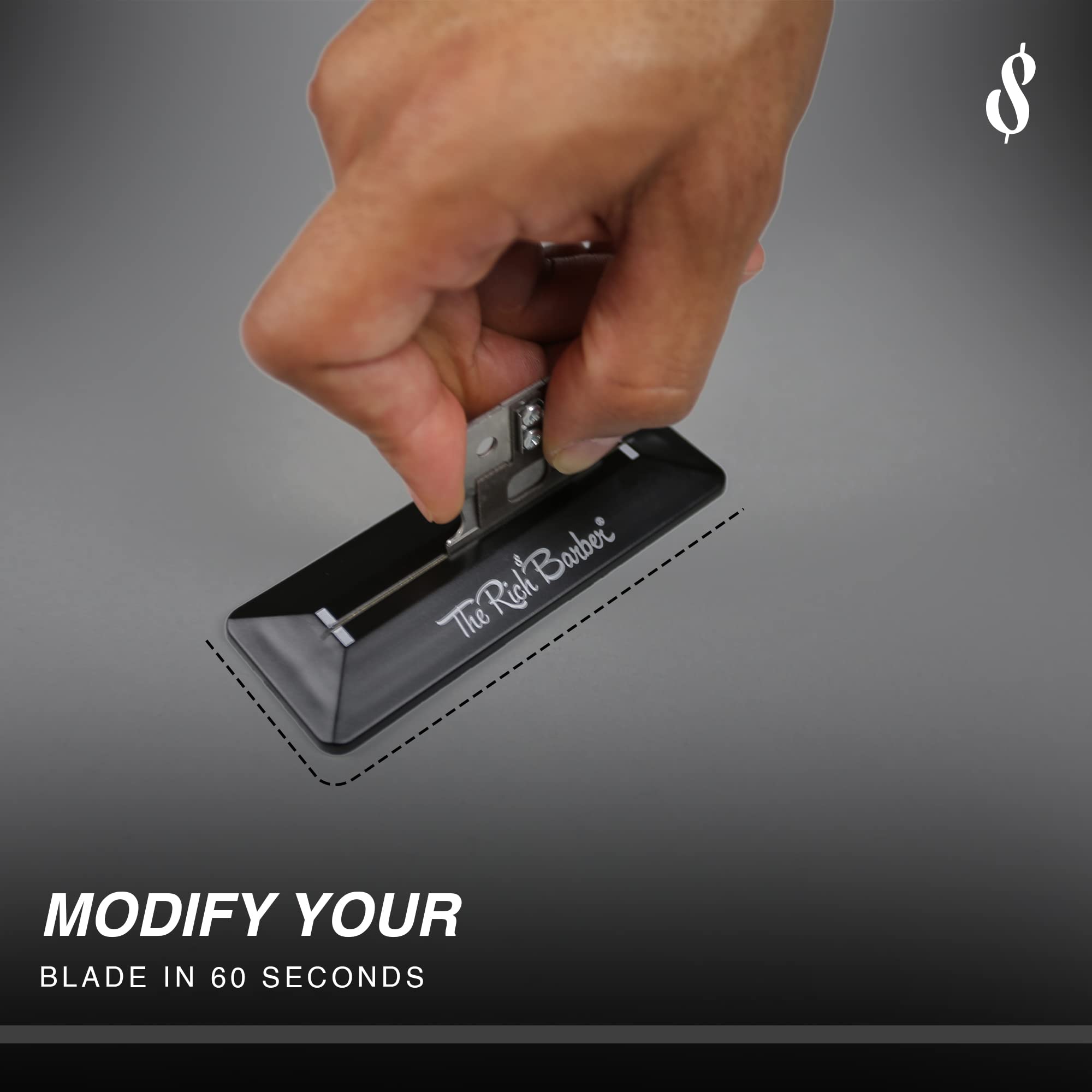 Home grooming setup with The Rich Barber sharpener for precise edges.