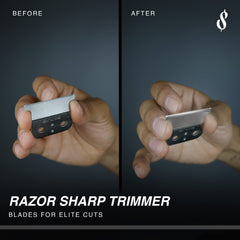 Professional barber shop scene using The Rich Barber tool for precise edge work.