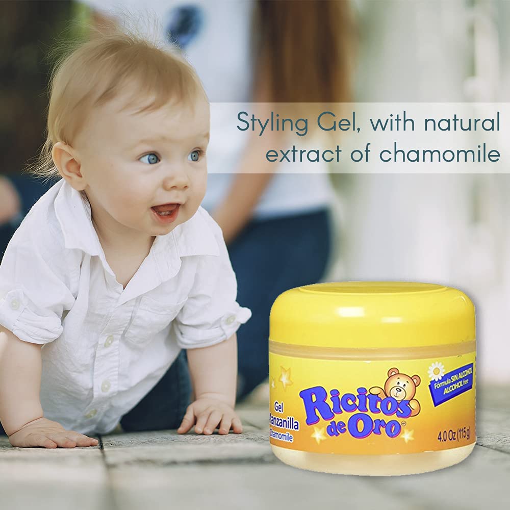 Ricitos de Oro Chamomile Styling Gel bottle with clear, alcohol-free formula.