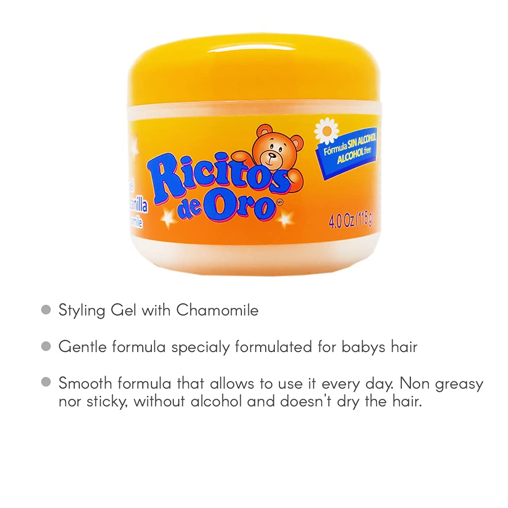 Ricitos de Oro Chamomile Styling Gel packaging highlights natural ingredients.