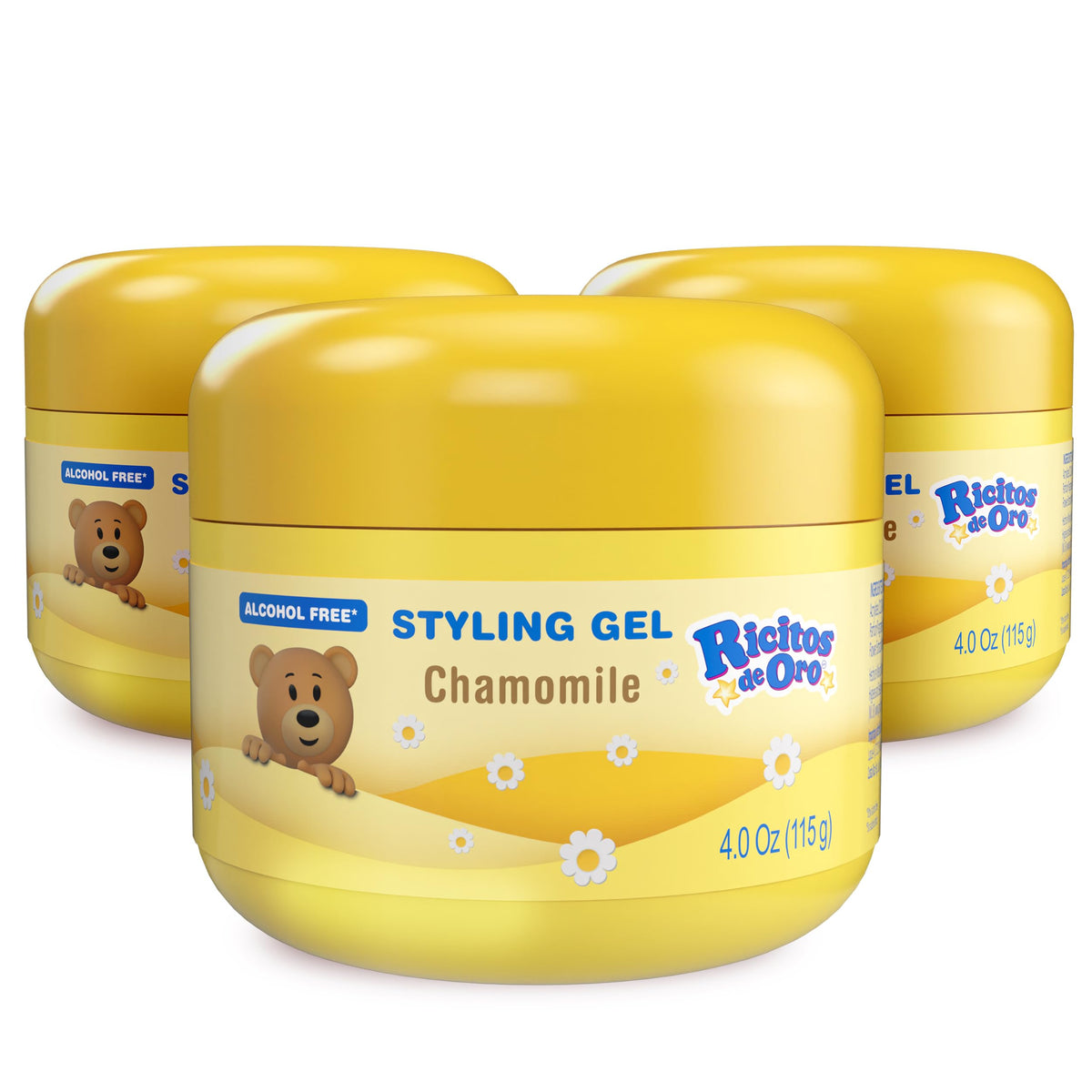 Gel Ricitos de Oro de manzanilla, conjunto de tres botellas para uso diario.