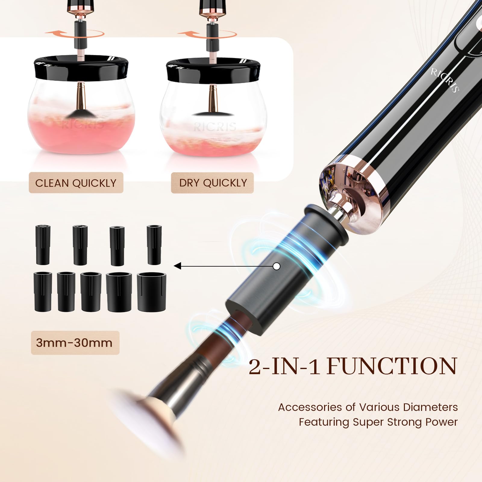 RICRIS brush spinner attachment in use to rinse brushes quickly