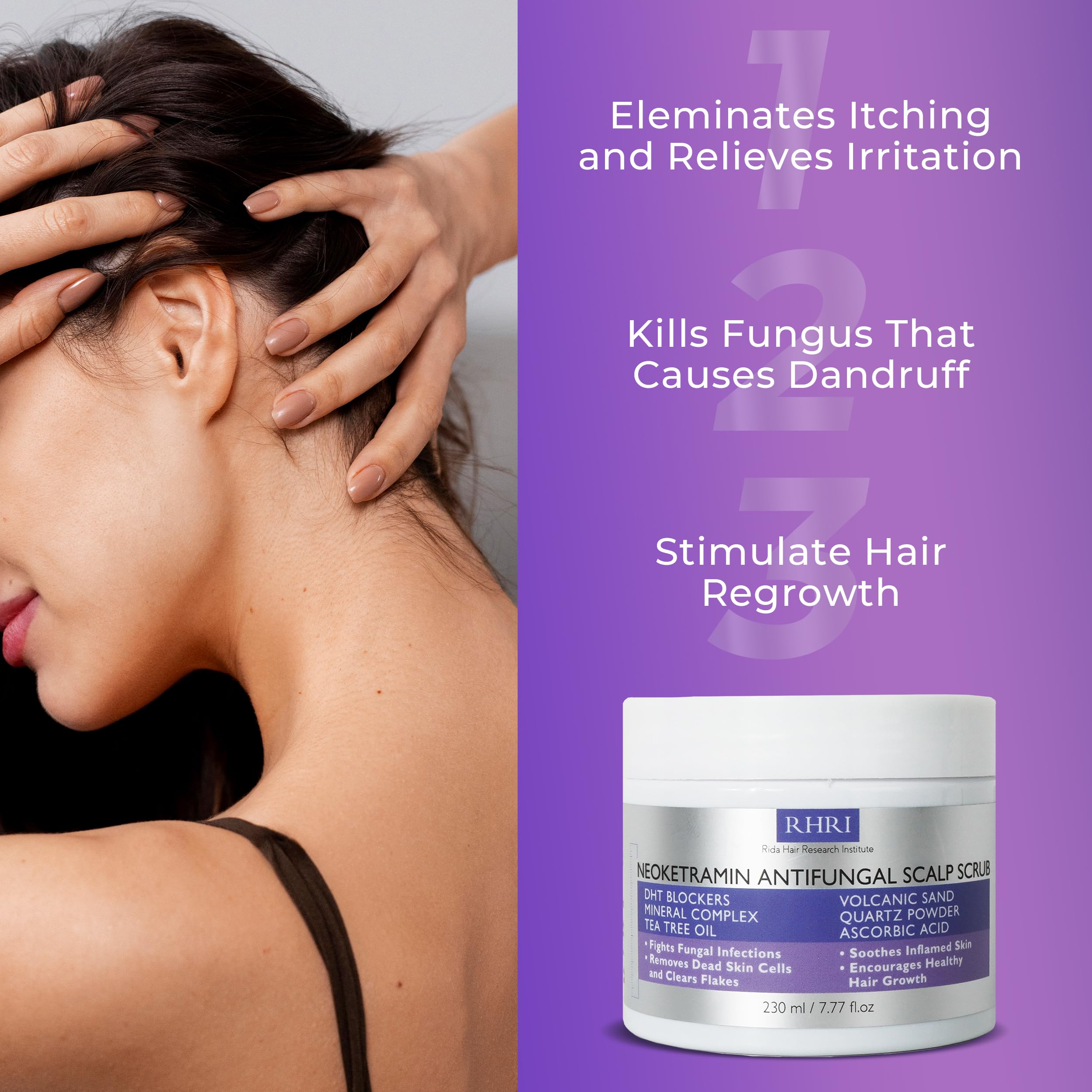 Rida Anti Fungal Scrub in shower usage for itchy scalp relief.