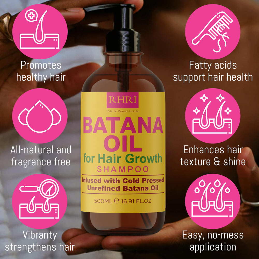 Rida Batana Shampoo bottle close-up highlighting the hydrating formula for vibrant hair.