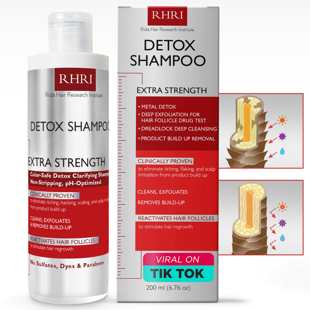 Rida Detox Shampoo bottle pour showing a clean start for refreshed scalp and hair.