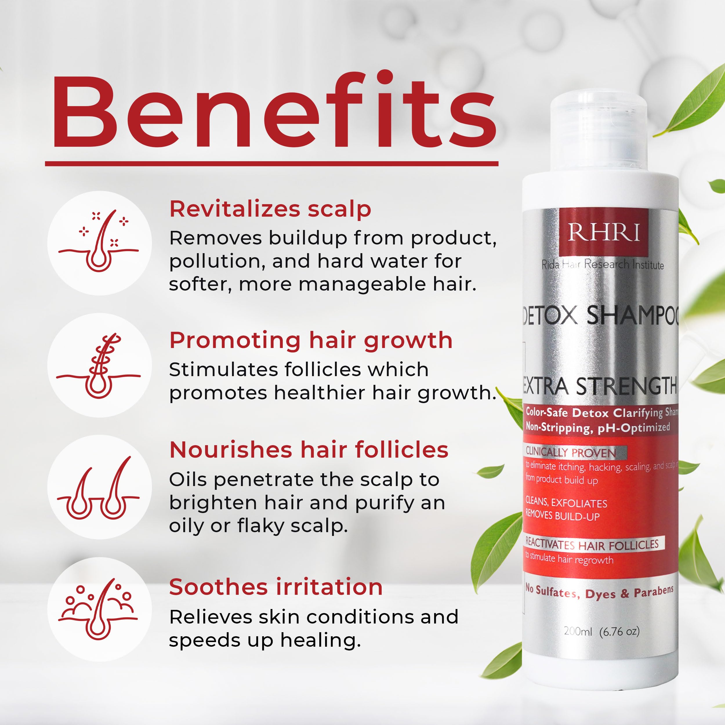 Rida Detox Shampoo label closeup highlighting a gentle cleansing formula.