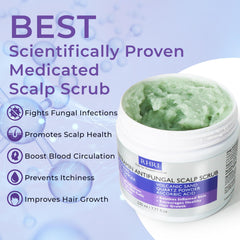 Rida Anti Fungal Scrub lather on scalp illustrating deep cleansing for flaky, itchy scalp.