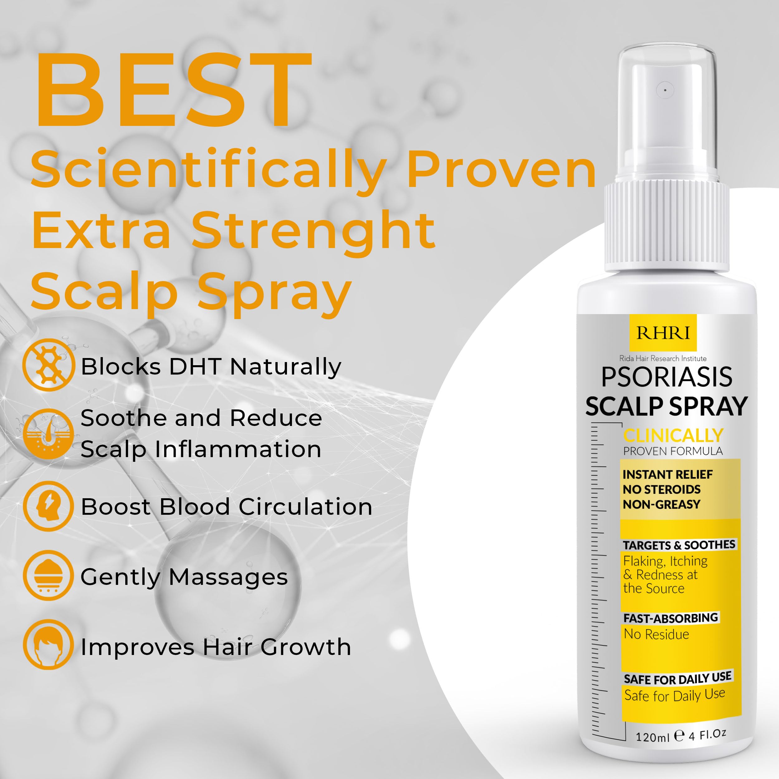 Rida Hair Psoriasis Scalp Spray closeup label highlighting antifungal formula