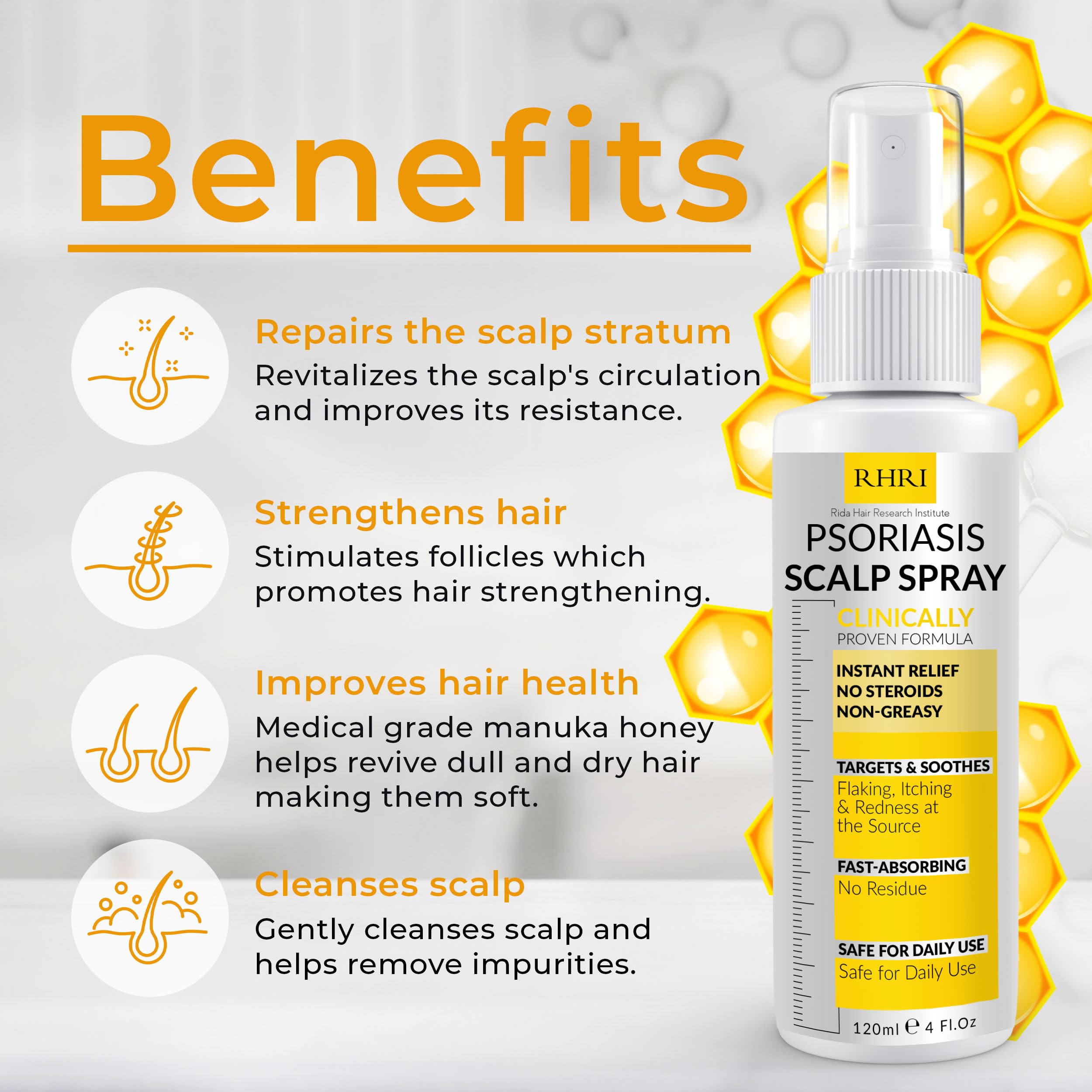 Rida Hair Psoriasis Scalp Spray mist dispense for easy, mess-free application