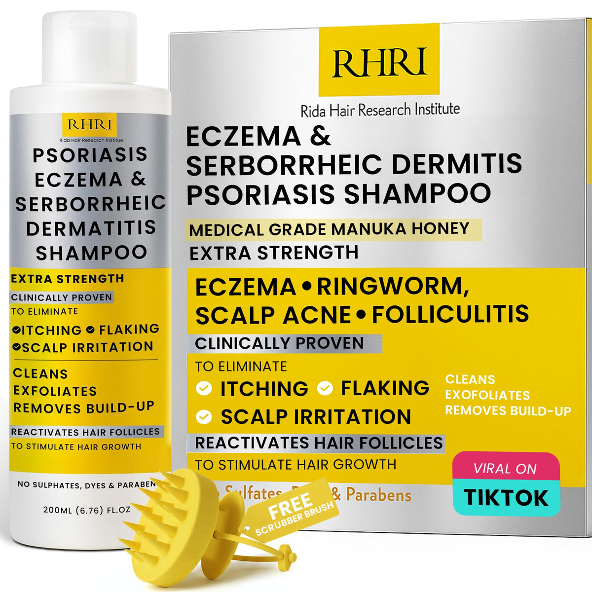 Rida Hair psoriasis shampoo bottle with Manuka honey for soothing scalp relief