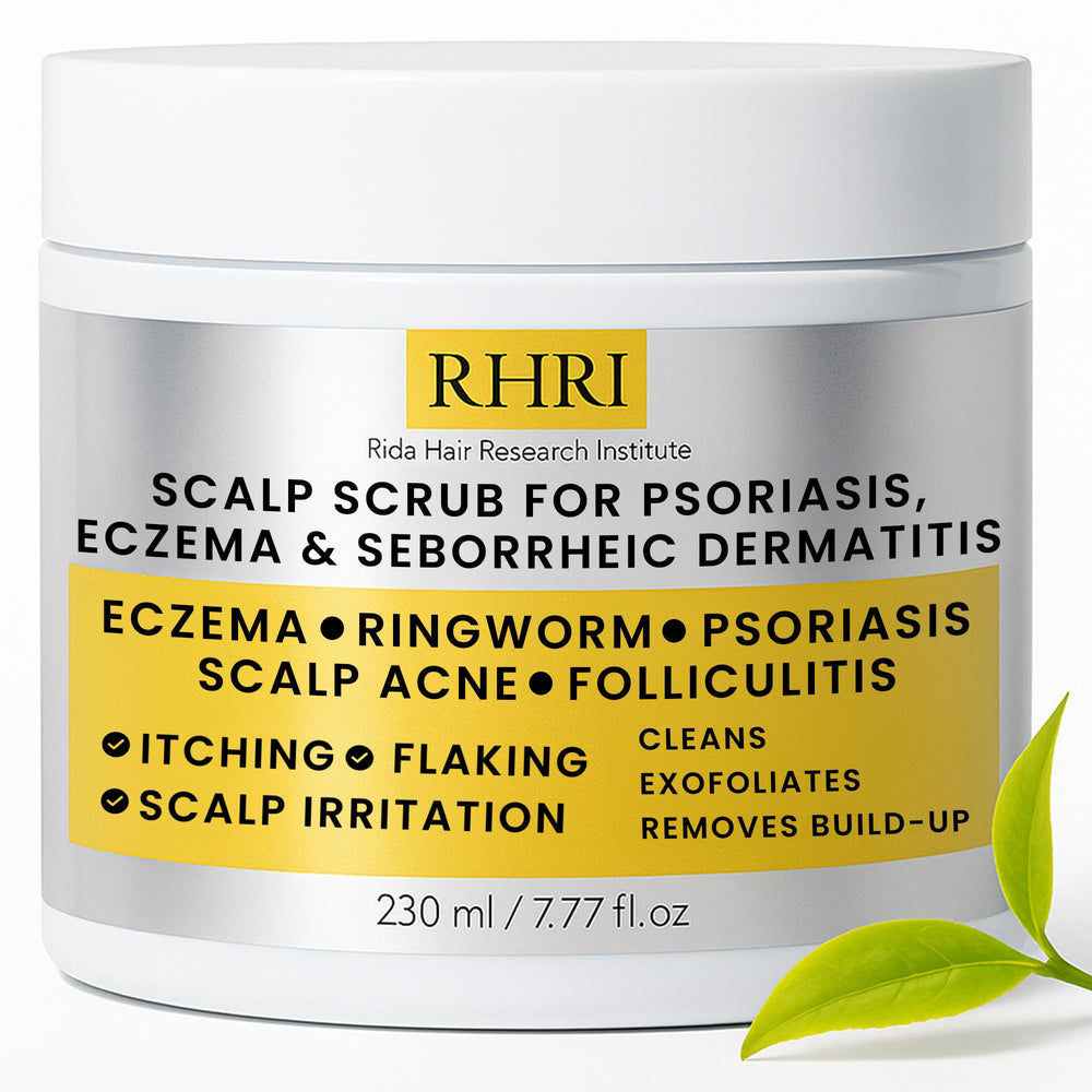 Rida Hair Research Institute bottle with tea tree oil infusion for soothing scalp balance.