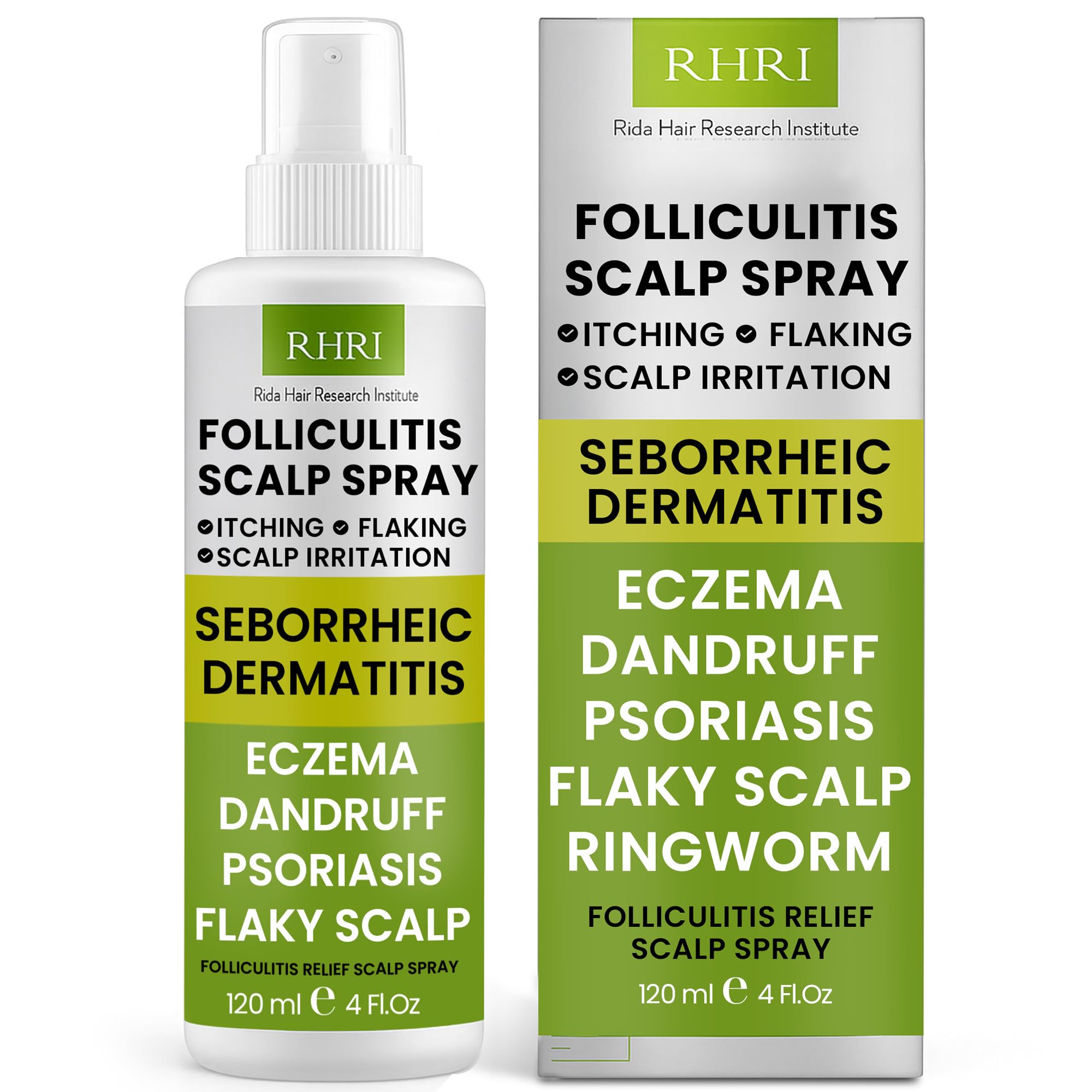 Rida Folliculitis Scalp Spray bottle illustrating itch relief on irritated scalp