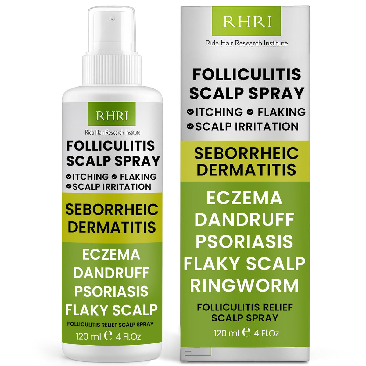 Rida Folliculitis Scalp Spray bottle illustrating itch relief on irritated scalp