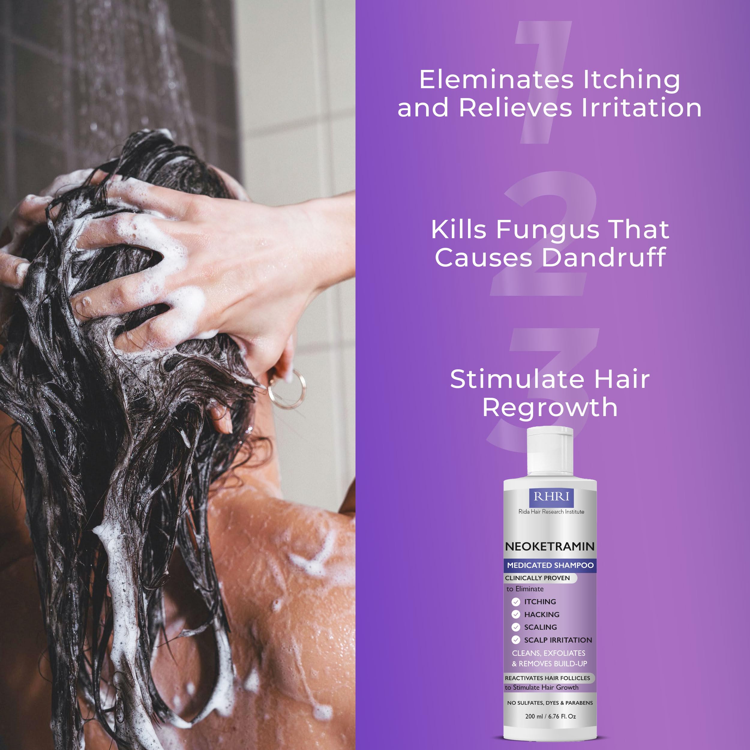 Rida anti-dandruff formula visual with mineral complex illustration.