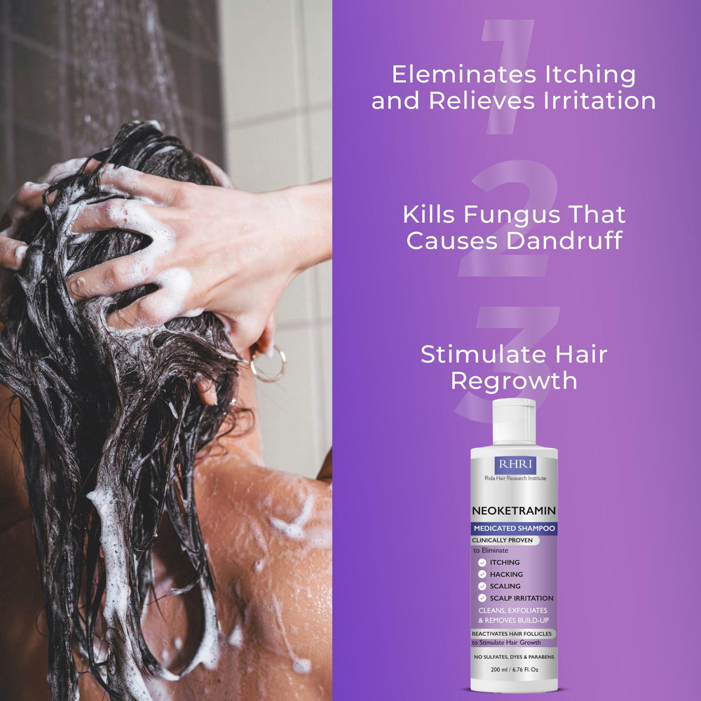 Rida anti-dandruff formula visual with mineral complex illustration.