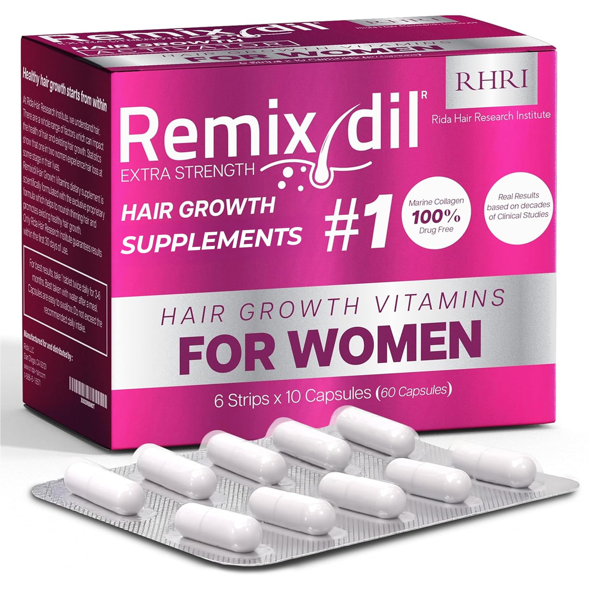 Remixidil hair growth vitamins bottle highlights root nourishment for thicker-looking hair.