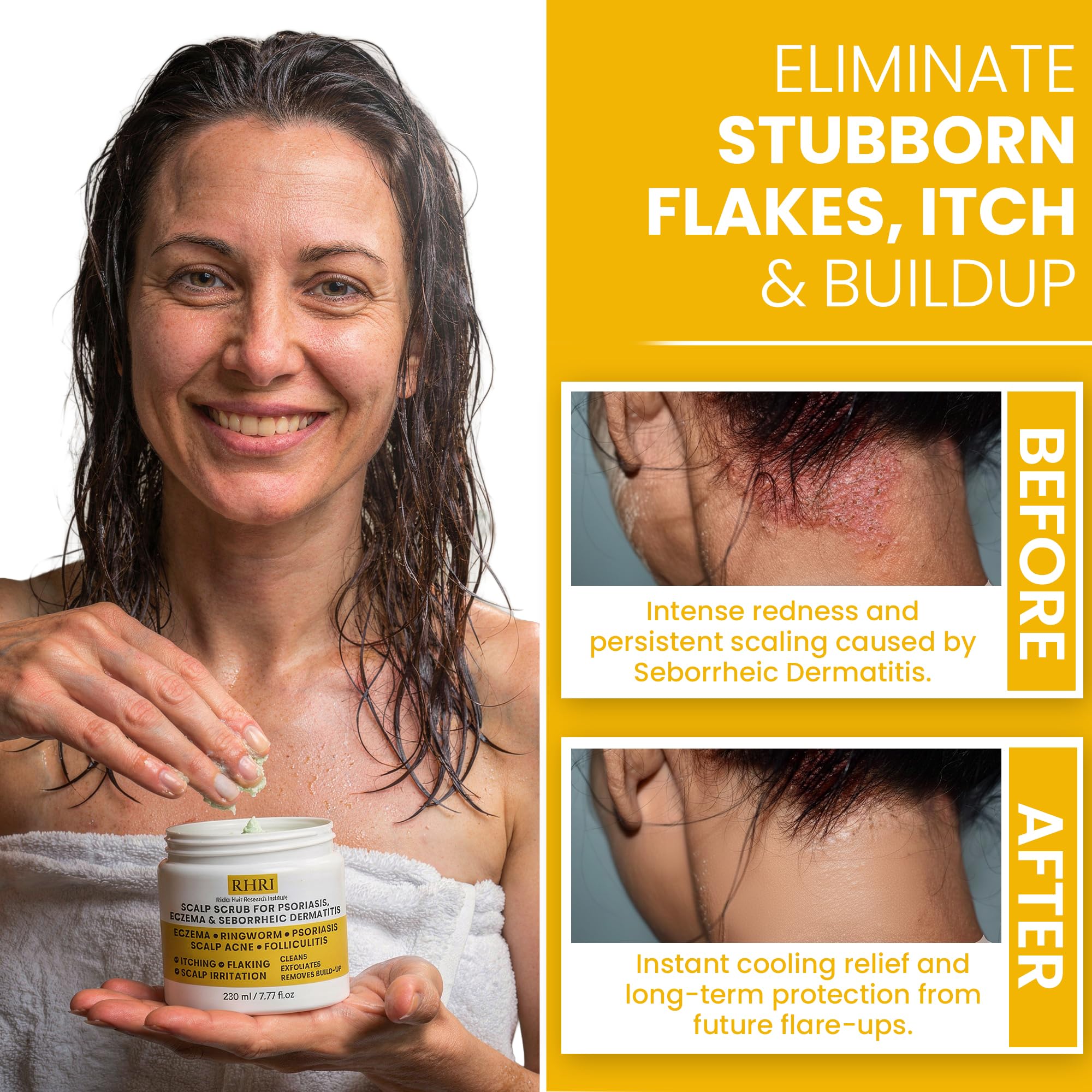 Rida scalp scrub being applied, showing foamy lather and even distribution.